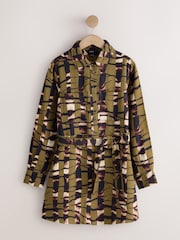 Khaki Green Animal Print Long Sleeve Tie Waist Shirt Dress - Image 1 of 3
