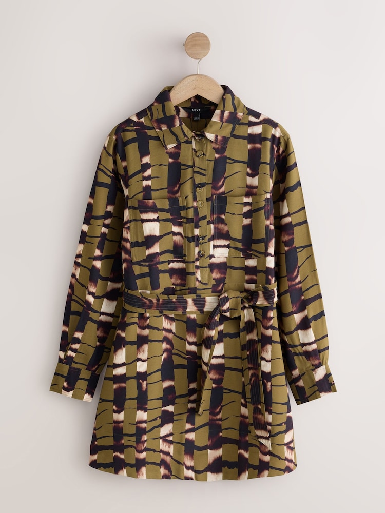 Khaki Green Animal Print Long Sleeve Tie Waist Shirt Dress - Image 1 of 3 Khaki Green Animal Print Long Sleeve Tie Waist Shirt Dress - Image 1 of 3
