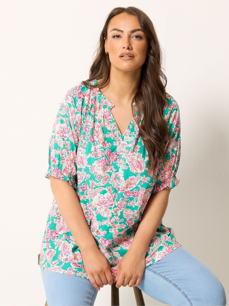 Yours Curve Green Frill Neck Top - Image 1 of 6