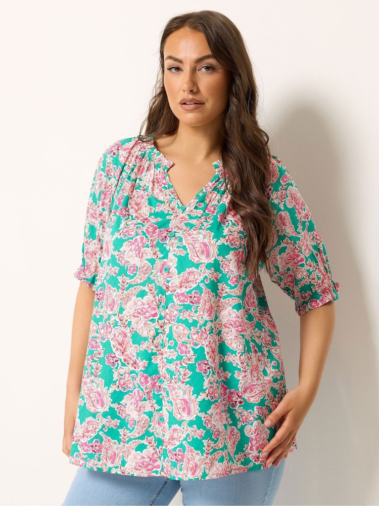 Yours Curve Green Frill Neck Top - Image 2 of 6