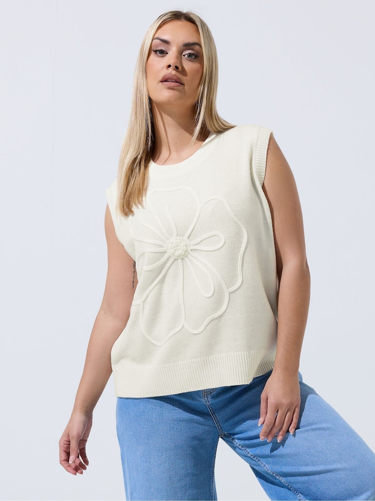 Yours Curve White Limited Knitted Embroidered Flower Top - Image 1 of 5