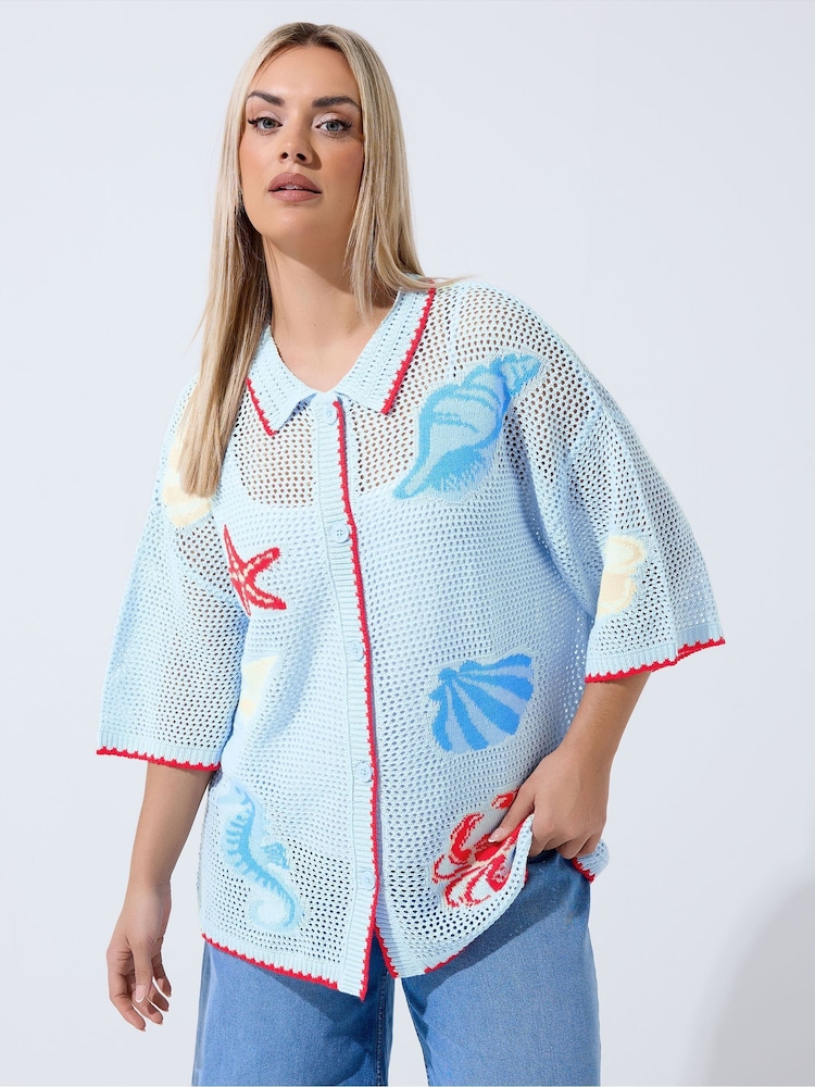 Yours Curve Blue Limited Crochet Shirt - Image 1 of 5 Yours Curve Blue Limited Crochet Shirt - Image 1 of 5