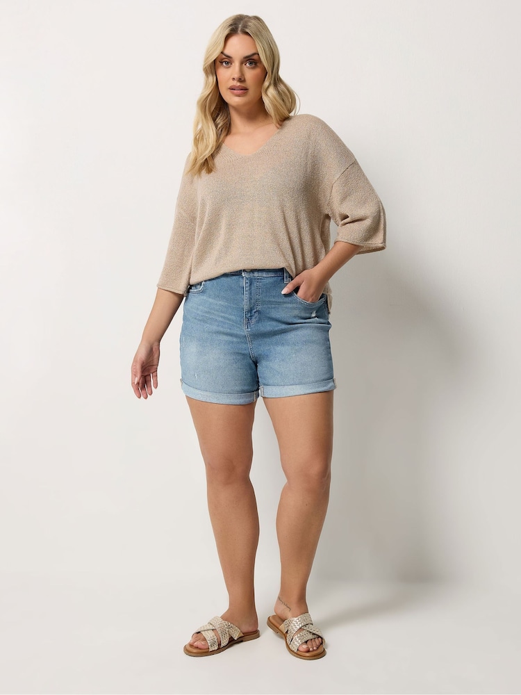 Yours Curve Blue Denim Boyfriend Shorts - Image 2 of 4