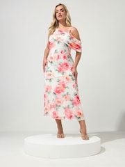 Yours Curve White London Floral Mesh Drape Shoulder Dress - Image 1 of 5