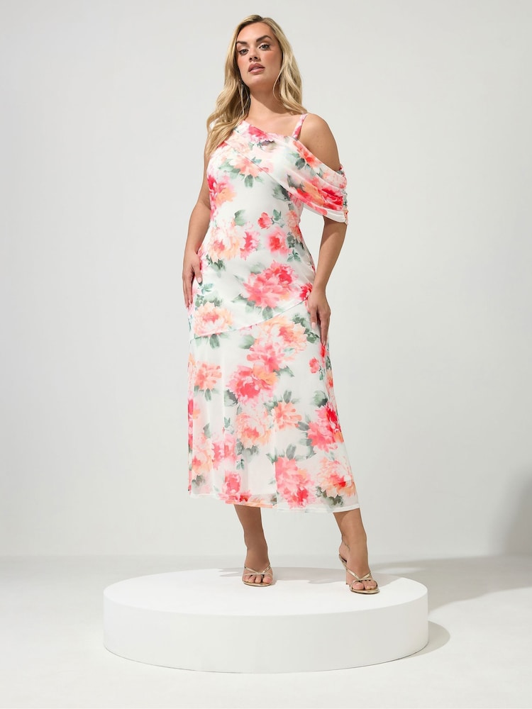 Yours Curve White London Floral Mesh Drape Shoulder Dress - Image 1 of 5 Yours Curve White London Floral Mesh Drape Shoulder Dress - Image 1 of 5