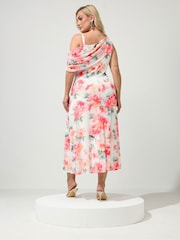 Yours Curve White London Floral Mesh Drape Shoulder Dress - Image 3 of 5