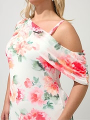 Yours Curve White London Floral Mesh Drape Shoulder Dress - Image 4 of 5