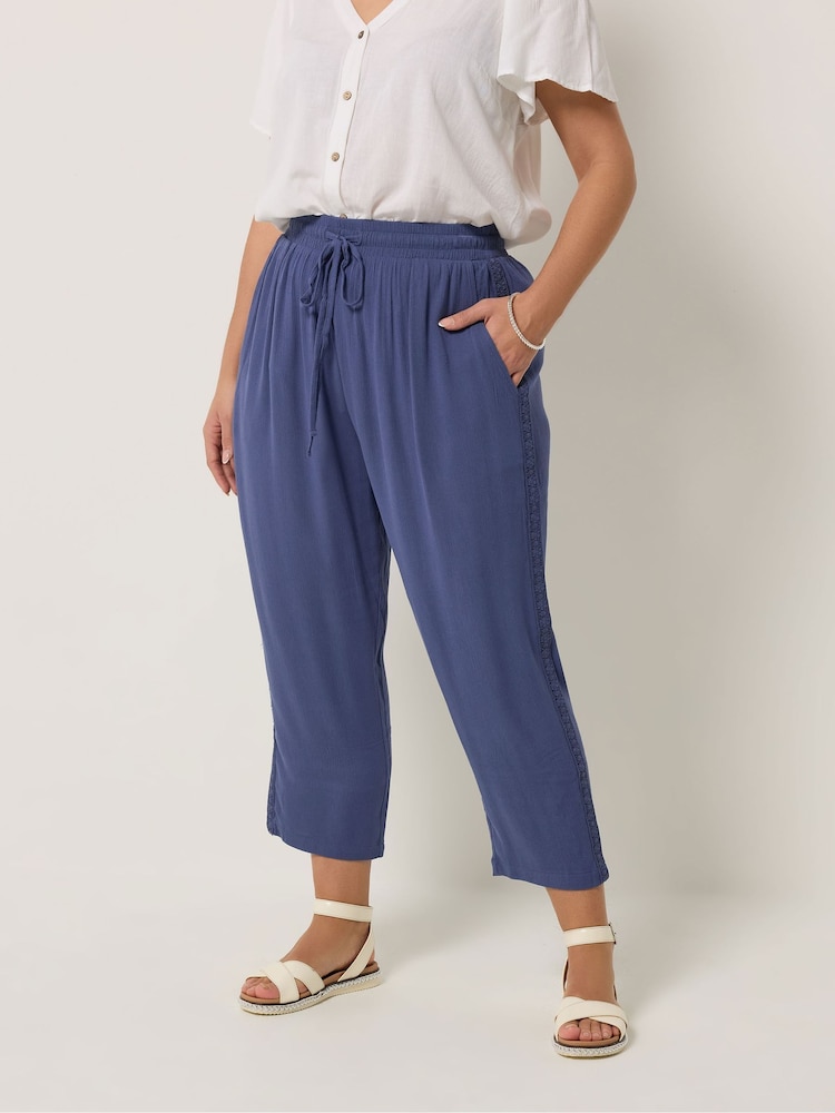 Yours Curve Blue Crochet Side Cropped Trousers - Image 1 of 5