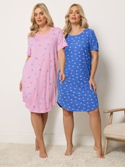 Yours Curve Blue Soft Touch Palm Tree Dipped Back Nightdress 2 Pack - Image 1 of 6