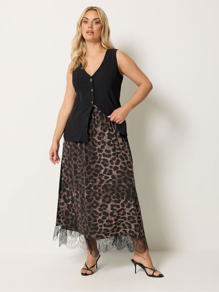 Yours Curve Chocolate Brown Leopard Print Lace Hem Gathered Skirt - Image 2 of 5