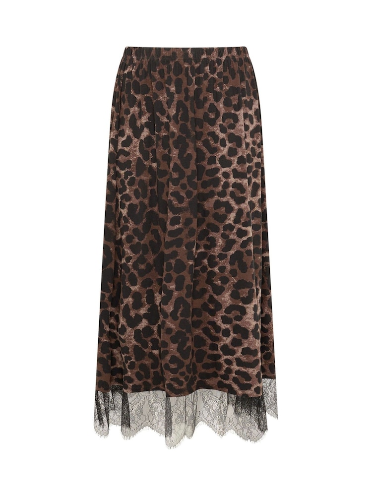 Yours Curve Chocolate Brown Leopard Print Lace Hem Gathered Skirt - Image 5 of 5