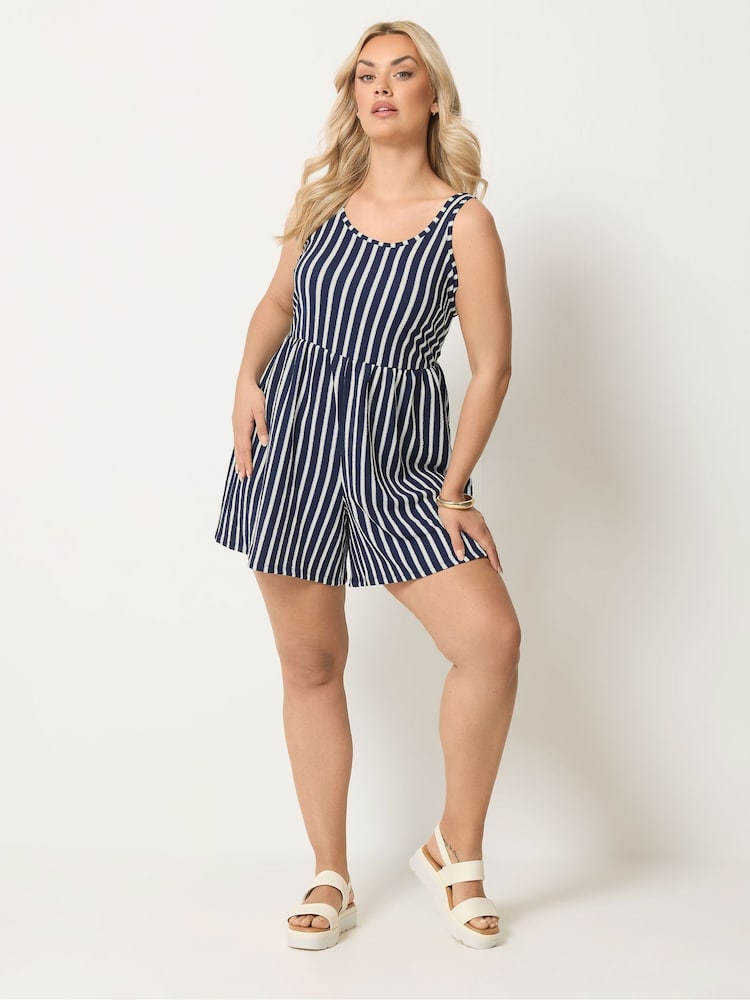 Yours Curve Blue Striped Textured Playsuit - Image 2 of 5