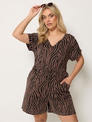 Yours Curve Brown Zebra Print Cotton Playsuit - Image 1 of 5