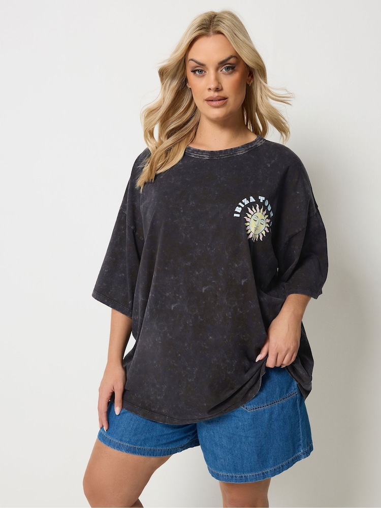 Yours Curve Grey Boxy Placement Print T-Shirt - Image 1 of 7