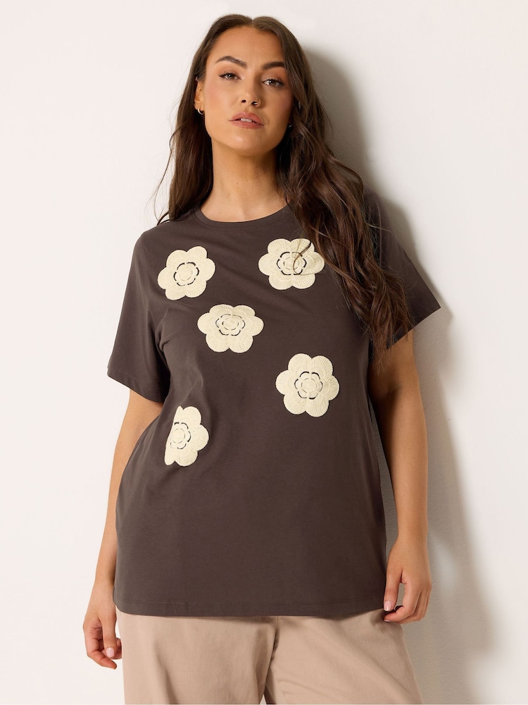 Yours Curve Brown Applique Daisy T-Shirt - Image 1 of 4