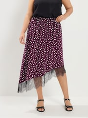 Yours Curve Brown Polka Dot Print Lace Hem Gathered Skirt - Image 1 of 6