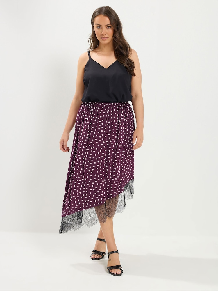 Yours Curve Brown Polka Dot Print Lace Hem Gathered Skirt - Image 2 of 6 Yours Curve Brown Polka Dot Print Lace Hem Gathered Skirt - Image 2 of 6