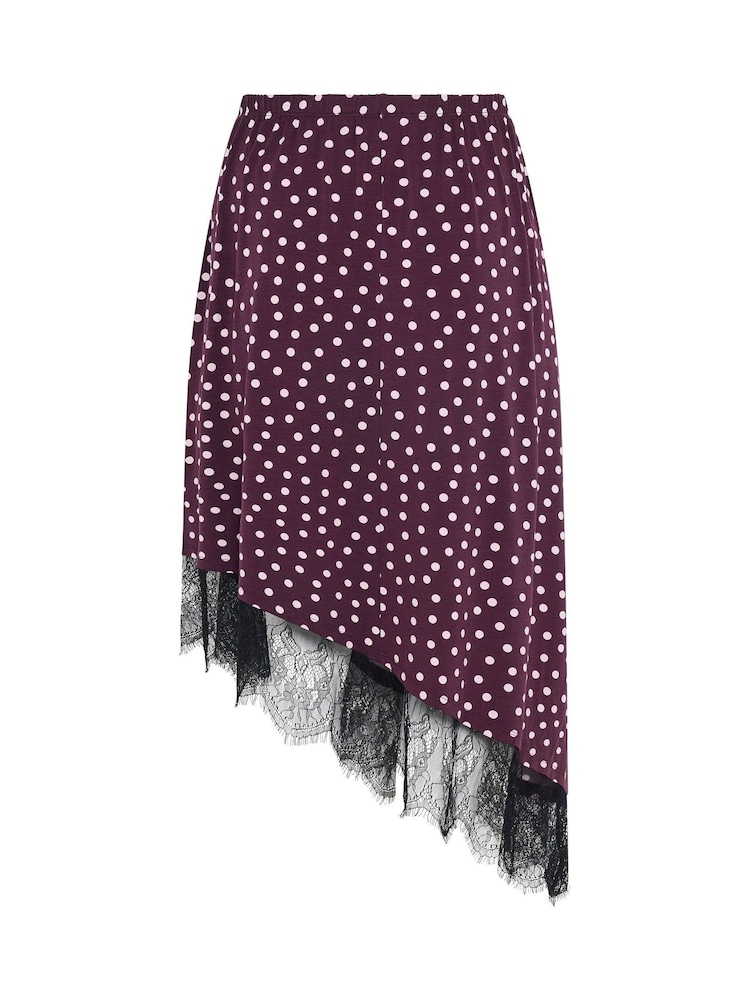 Yours Curve Brown Polka Dot Print Lace Hem Gathered Skirt - Image 6 of 6 Yours Curve Brown Polka Dot Print Lace Hem Gathered Skirt - Image 6 of 6