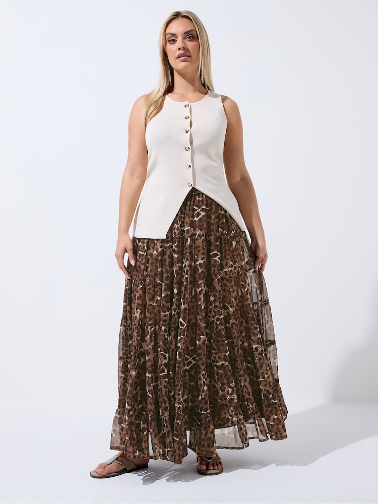 Yours Curve Brown Limited Leopard Printed Chiffon Skirt - Image 1 of 5