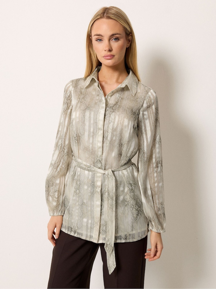 Star by Julien MacDonald Grey Snake Print Tie Belt Longline Shirt - Image 1 of 5 Star by Julien MacDonald Grey Snake Print Tie Belt Longline Shirt - Image 1 of 5