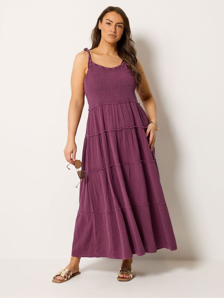 Yours Curve Pink Acid Wash Cheesecloth Tiered Dress - Image 1 of 4
