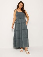 Yours Curve Grey Acid Wash Cheesecloth Tiered Dress - Image 1 of 5