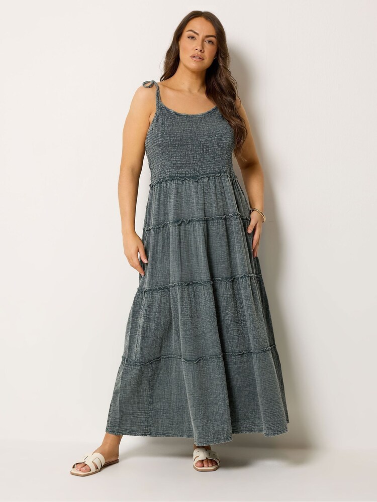 Yours Curve Grey Acid Wash Cheesecloth Tiered Dress - Image 2 of 5