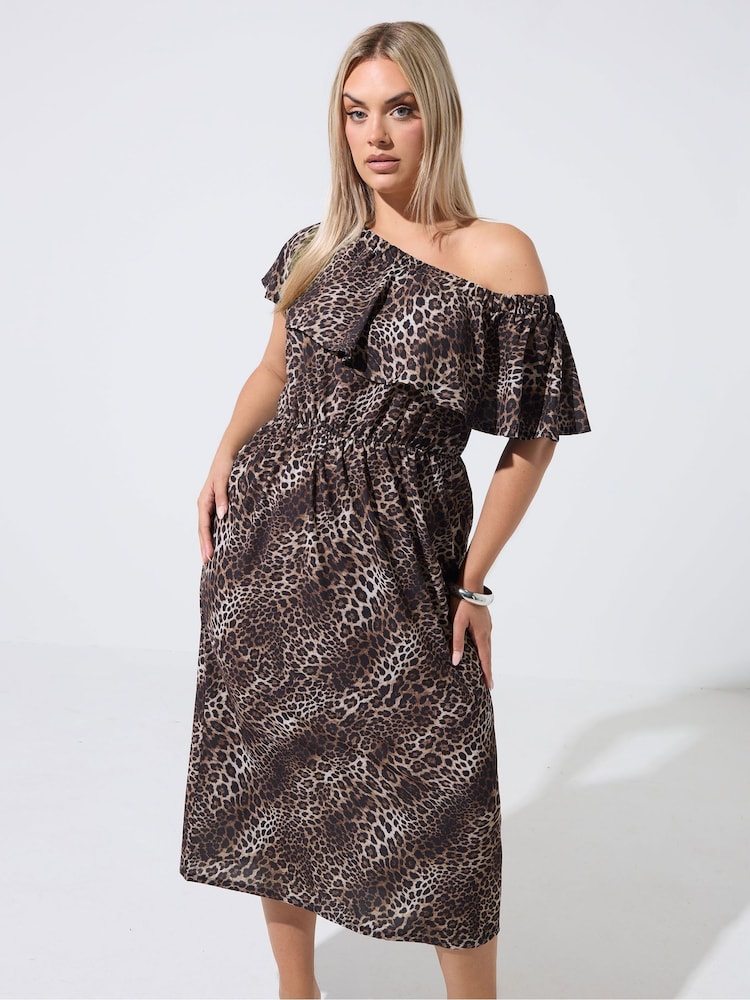 Yours Curve Brown Limited Leopard Frill Dress - Image 1 of 6
