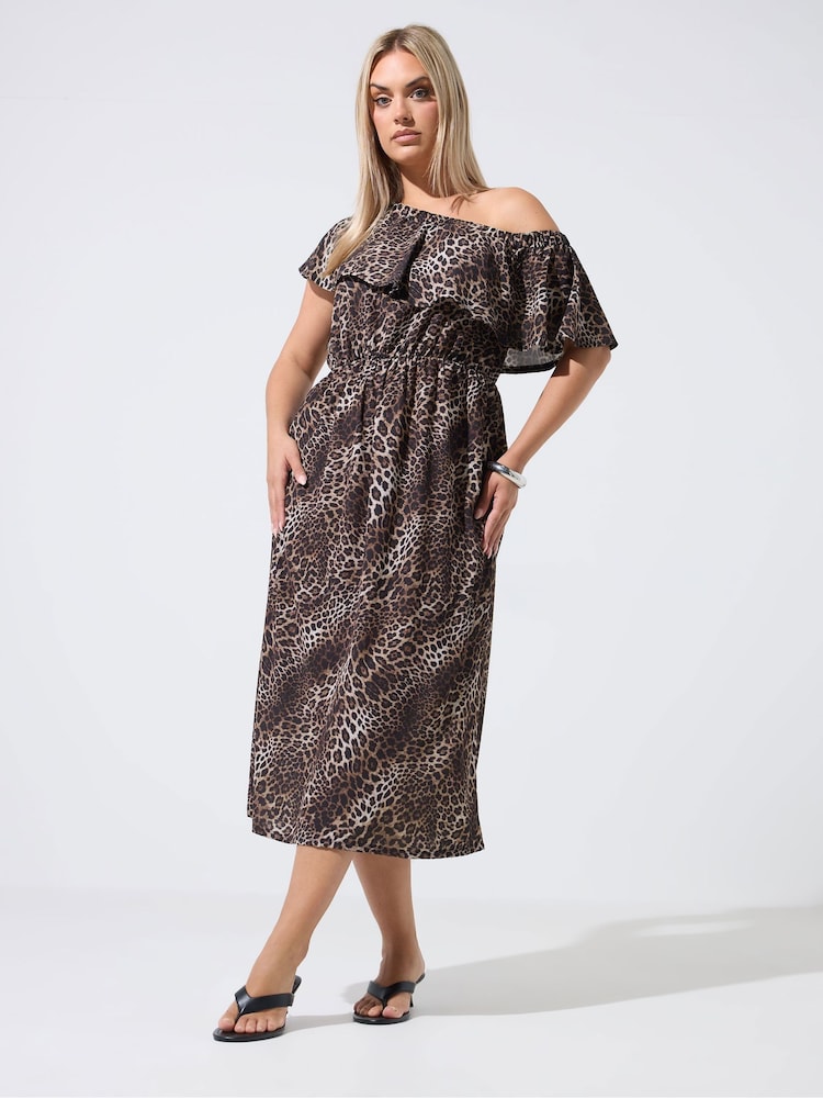 Yours Curve Brown Limited Leopard Frill Dress - Image 2 of 6