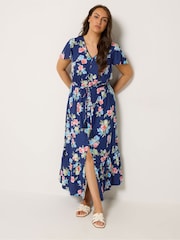 Yours Curve Blue Floral Print Angel Sleeve Dress - Image 1 of 5