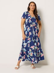 Yours Curve Blue Floral Print Angel Sleeve Dress - Image 2 of 5