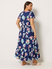 Yours Curve Blue Floral Print Angel Sleeve Dress - Image 3 of 5