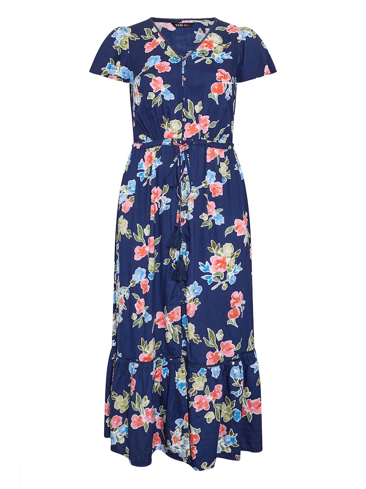 Yours Curve Blue Floral Print Angel Sleeve Dress - Image 5 of 5 Yours Curve Blue Floral Print Angel Sleeve Dress - Image 5 of 5