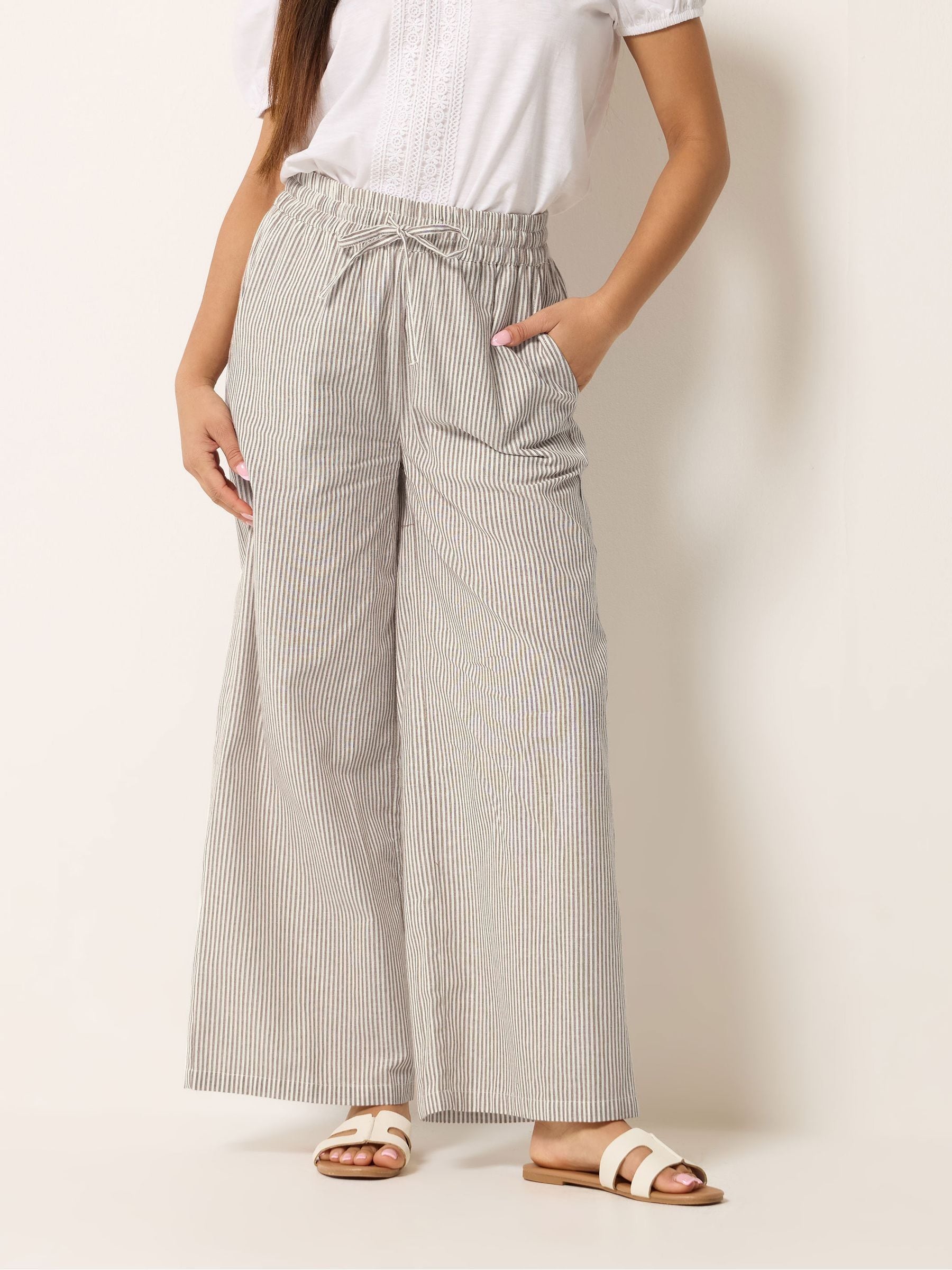 M&Co Women's Natural Stripe Wide Leg Cotton Trousers In | Size: 16L - Image 1