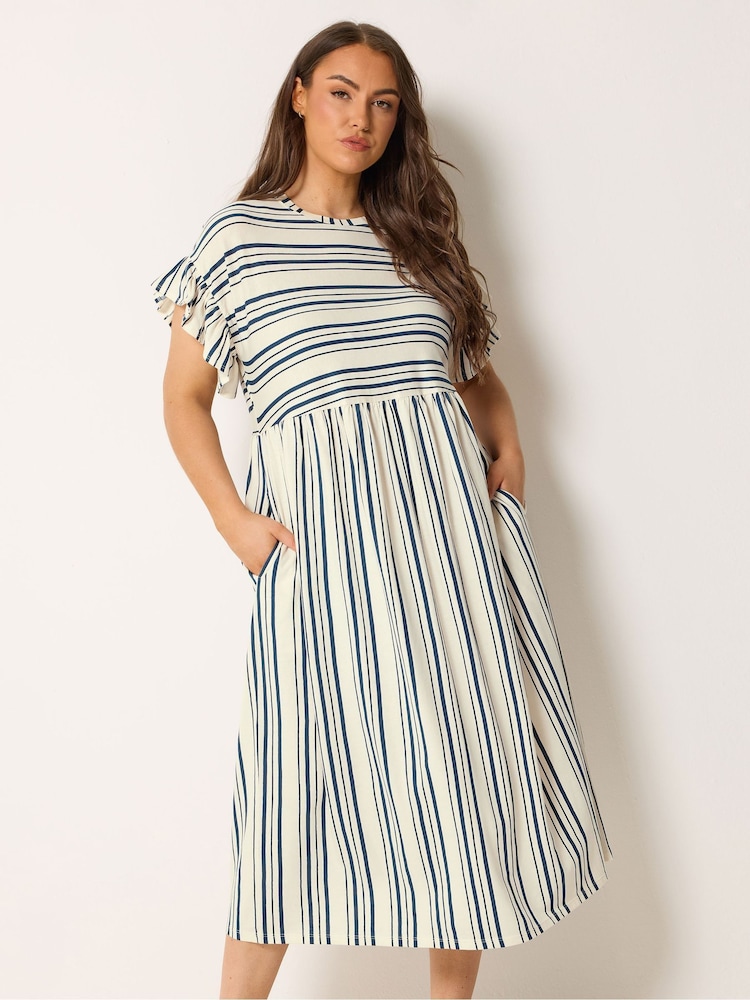 Синій - Yours Curve Frilled Sleeve Stripe Dress - Image 1 of 5