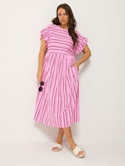 Рожевий - Yours Curve Frilled Sleeve Stripe Dress - Image 1 of 5