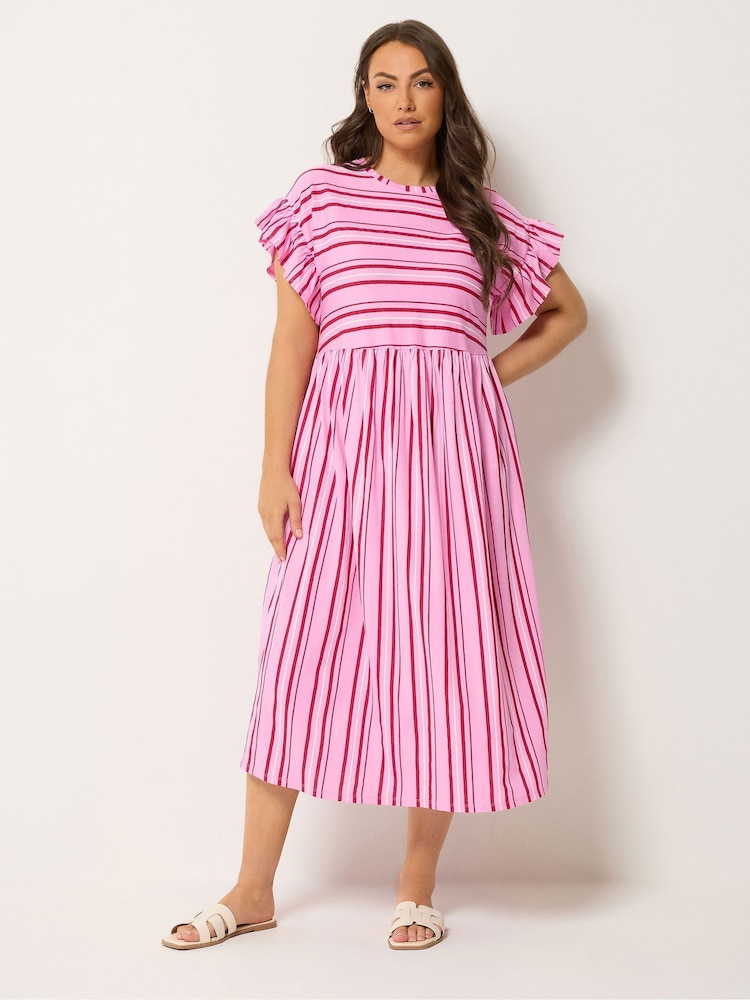 Рожевий - Yours Curve Frilled Sleeve Stripe Dress - Image 2 of 5