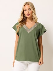 M&Co Green Embroidered V Neck Trim T-Shirt - Image 1 of 5