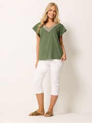 M&Co Green Embroidered V Neck Trim T-Shirt - Image 2 of 5