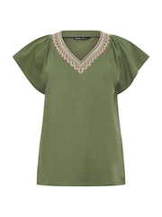 M&Co Green Embroidered V Neck Trim T-Shirt - Image 5 of 5