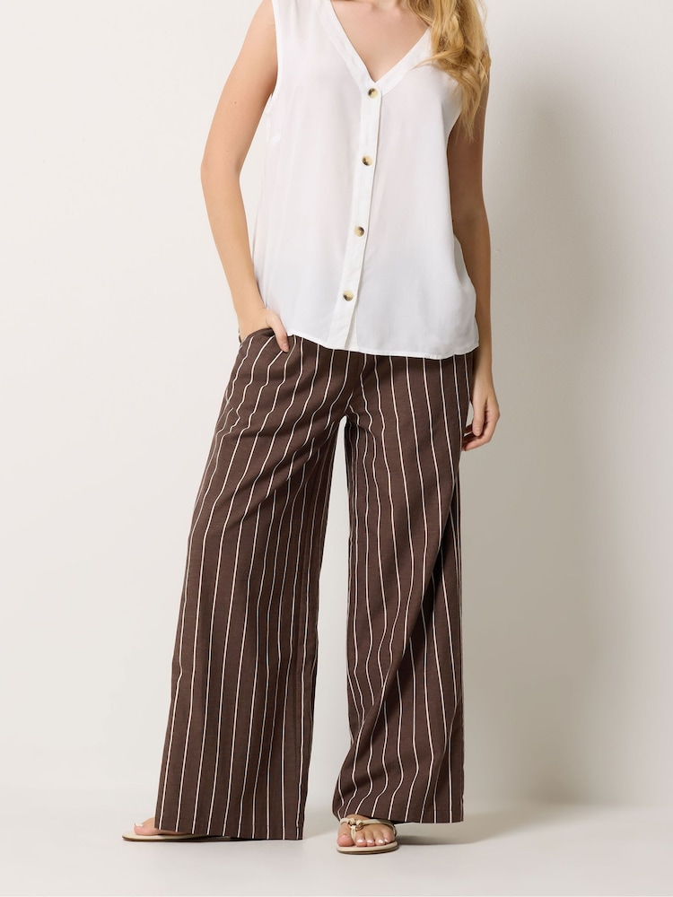 M&Co Brown Striped Linen Blend Tapered Cropped Trousers - Image 1 of 5 M&Co Brown Striped Linen Blend Tapered Cropped Trousers - Image 1 of 5