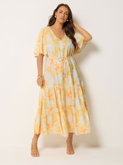 Yours Curve Yellow Angel Sleeve Tiered Dress - Image 1 of 5