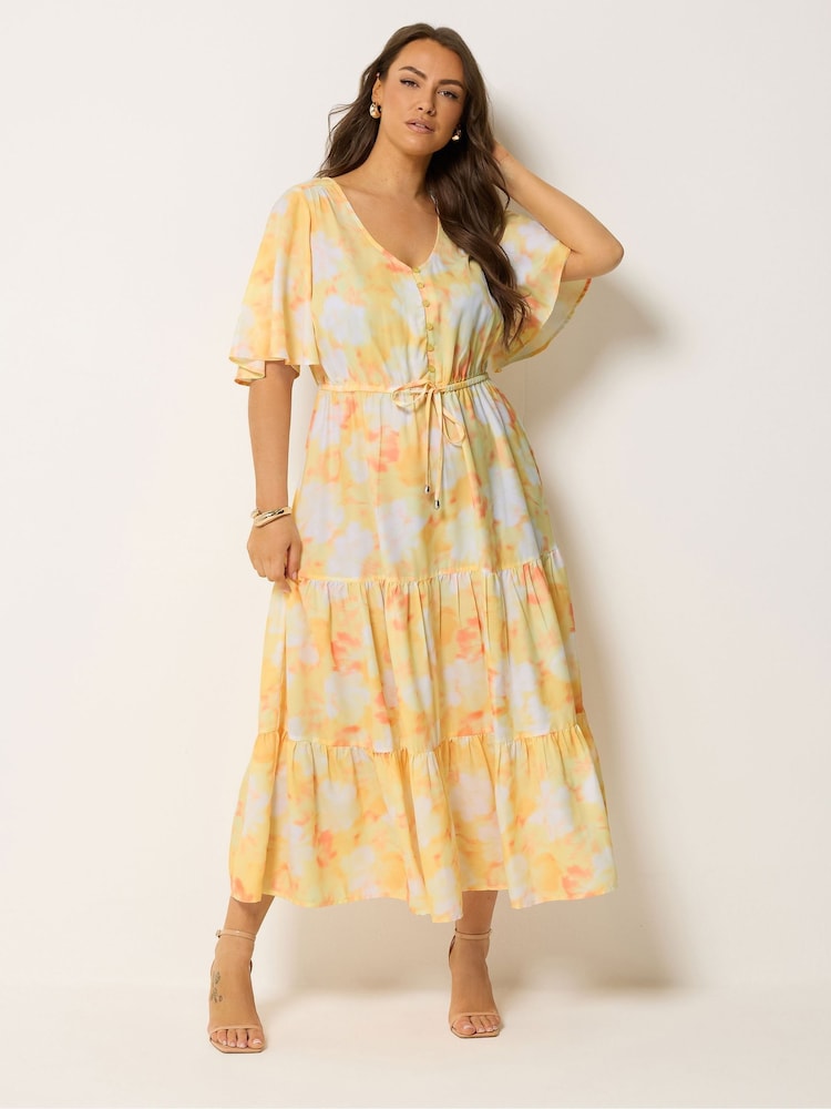 Yours Curve Yellow Angel Sleeve Tiered Dress - Image 1 of 5 Yours Curve Yellow Angel Sleeve Tiered Dress - Image 1 of 5