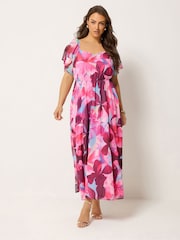 Yours Curve Pink Floral Angel Sleeve Dress - Image 1 of 5