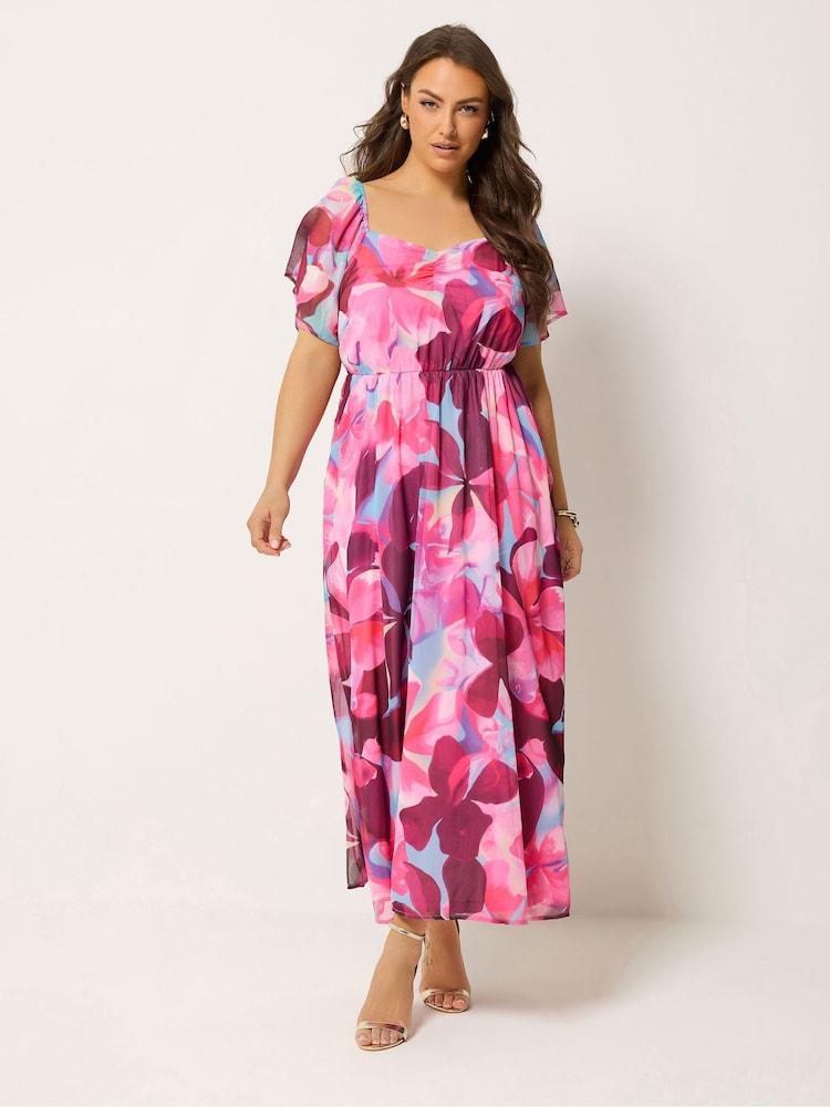 Yours Curve Pink Floral Angel Sleeve Dress - Image 1 of 5