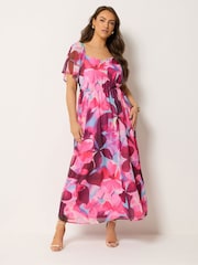 Yours Curve Pink Floral Angel Sleeve Dress - Image 2 of 5