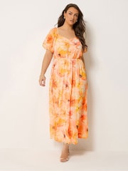 Yours Curve Orange Floral Angel Sleeve Dress - Image 1 of 5