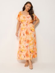 Yours Curve Orange Floral Angel Sleeve Dress - Image 2 of 5
