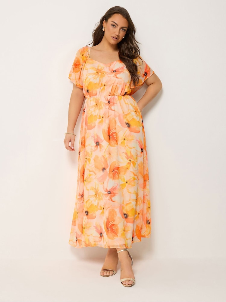 Yours Curve Orange Floral Angel Sleeve Dress - Image 2 of 5
