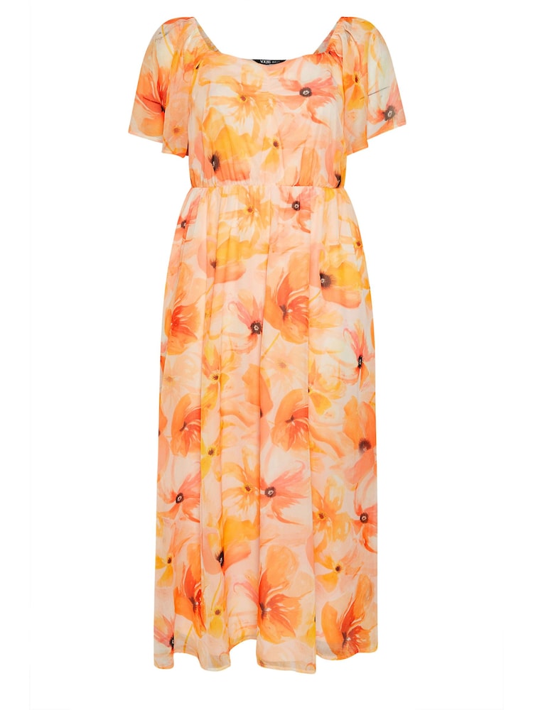 Yours Curve Orange Floral Angel Sleeve Dress - Image 5 of 5